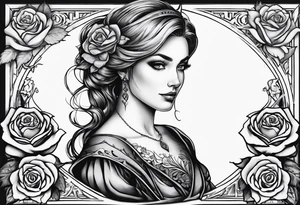 fool sleeve, old broken gothic home, broken sword, roses tattoo idea