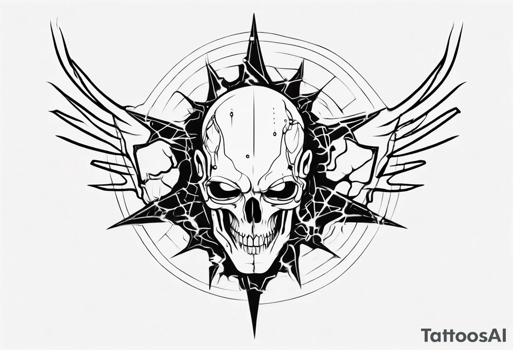 minimalist cyberpunk upper arm design from the shoulder that depicts heaven and hell with neuron projecting downwards. tattoo idea