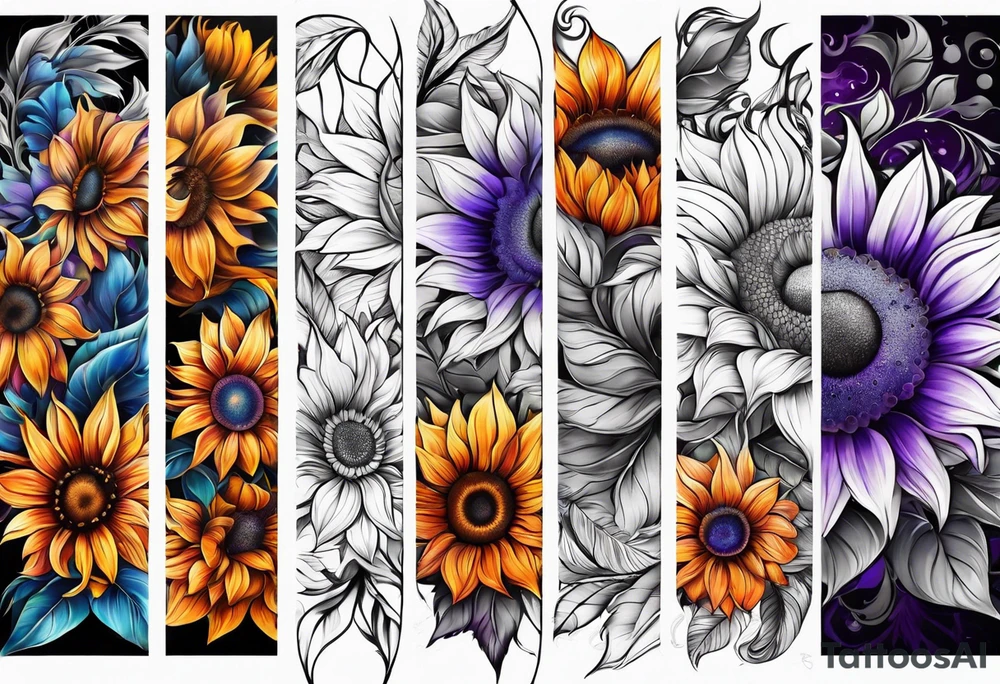 Full leg sleeve with purple, orange and blue sunflowers tattoo idea