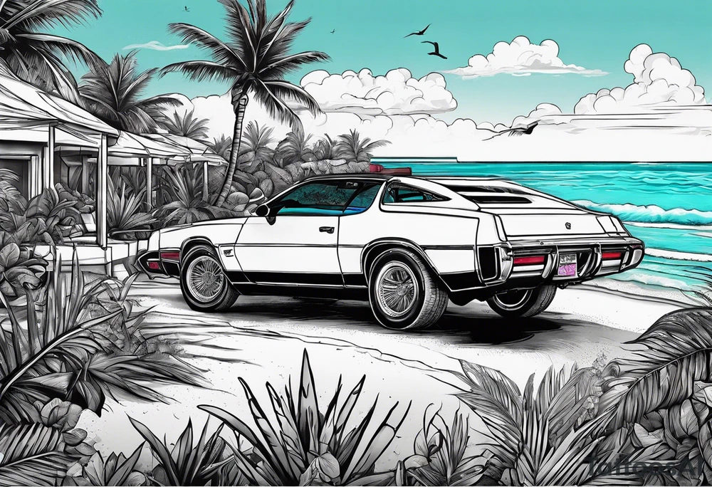 miami vice style beach party, no cars tattoo idea
