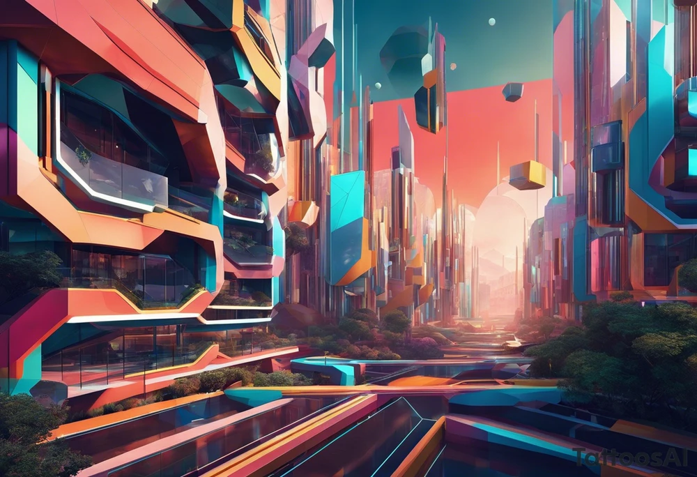 Crea ideograma que incorpore los siguientes elementos: líneas intrincadas y patrones geométricos abstractos, junto con un diseño futurista de ciudad, un paisaje post-apocalíptico, y las manos inspiradas en la "Creación de Adán". tattoo idea
