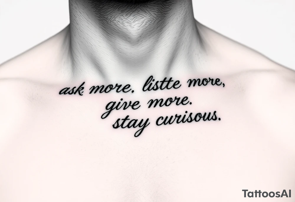 a tattoo on a man's front left clavicle that reads ask more. listen more. give more. love first. stay curious. tattoo idea