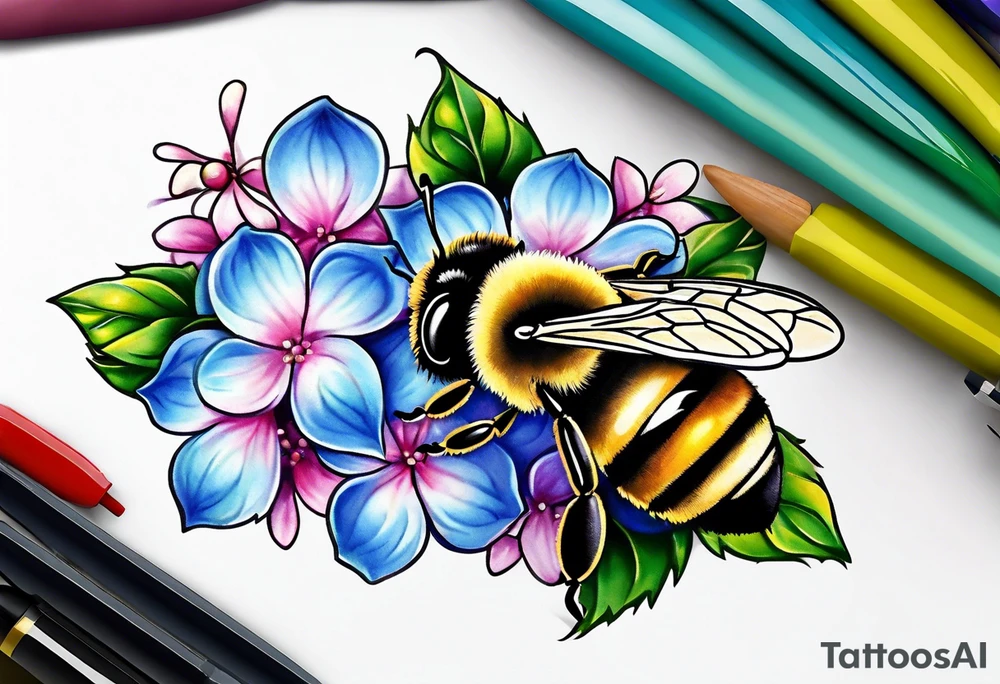 Small tattoo. There’s a hydrangea and a bee but they are not touching. Make the bee smaller than the hydrangea and have the bee off to the side. Bee is smaller than the hydrangea tattoo idea