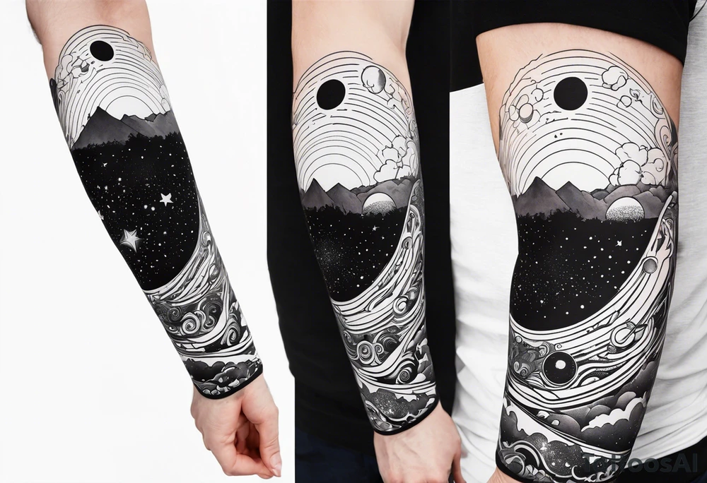 space themed arm sleeve. I want a feeling of being above it all. I like man on the move imagery inspired by kid cudi tattoo idea