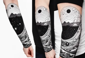 space themed arm sleeve. I want a feeling of being above it all. I like man on the move imagery inspired by kid cudi tattoo idea