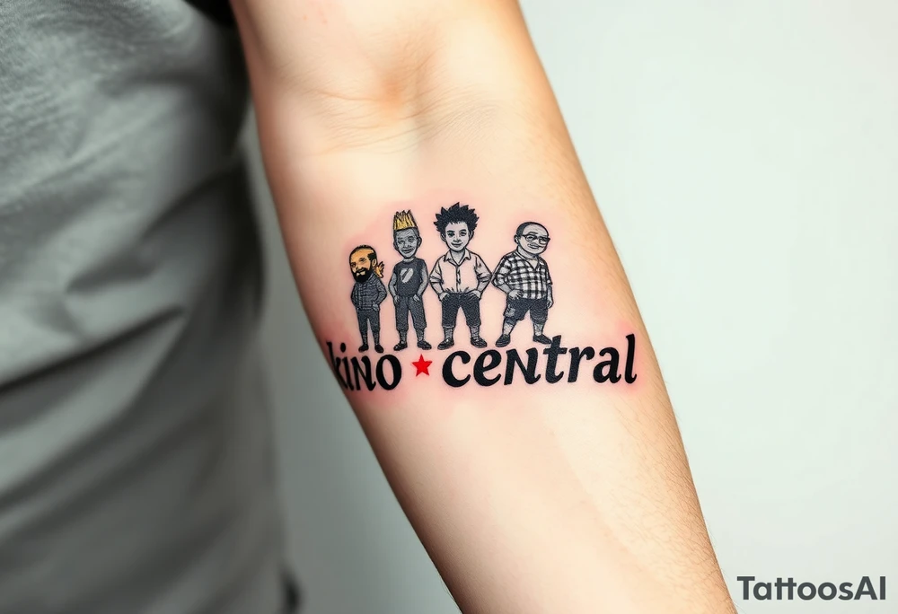 Forearm tattoo of boondocks characters standing on top of the words kino central tattoo idea