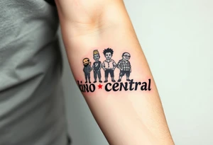 Forearm tattoo of boondocks characters standing on top of the words kino central tattoo idea