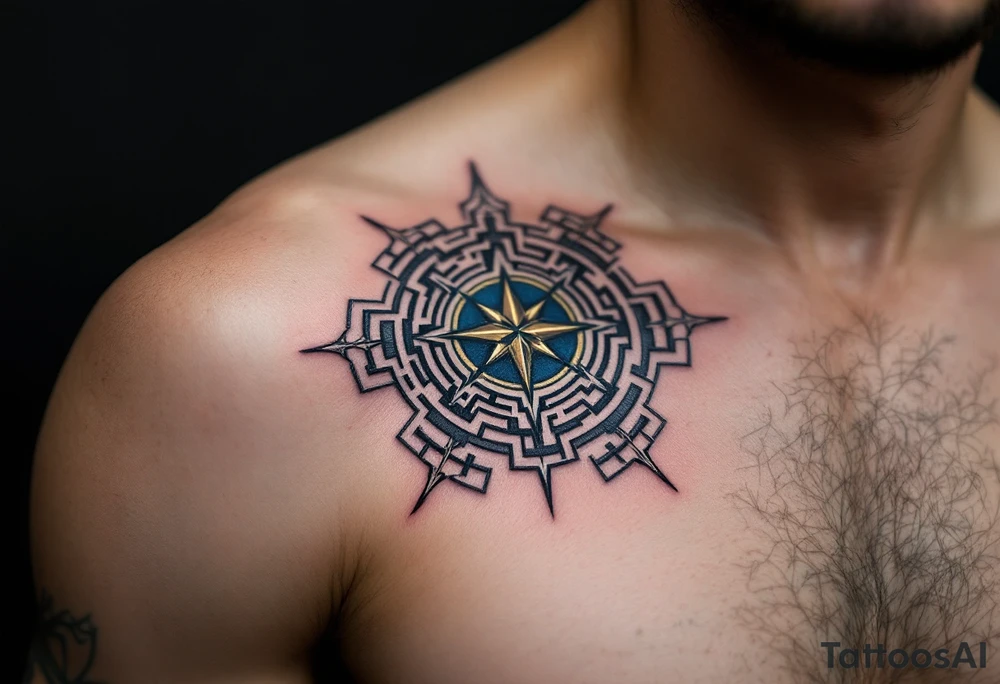 A geometric maze in metallic silver and deep blue tones, with a single golden compass in the center, representing the trials and choices of a Divergent. tattoo idea