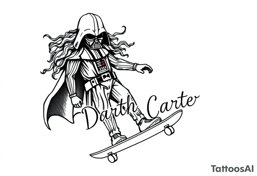 Skateboarding TALL Darth Vader with long curly hair
WORDS in star wars font "Darth Carter"
12/29/88-01/06/24 tattoo idea