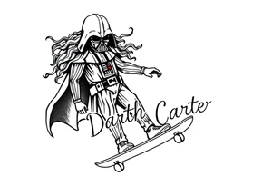 Skateboarding TALL Darth Vader with long curly hair
WORDS in star wars font "Darth Carter"
12/29/88-01/06/24 tattoo idea