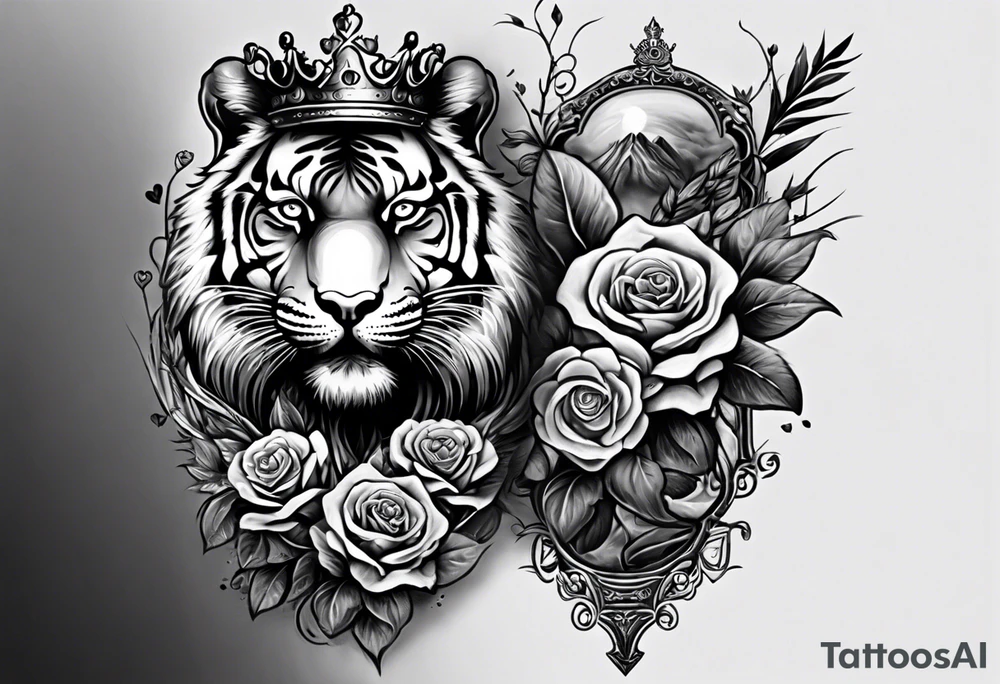Full right arm sleeve  tiger with a crown and third eye with a hour glass instead the hourglass brain cover in in clouds and a heart cover in grass and roots with roses and smoke all over the arm tattoo idea
