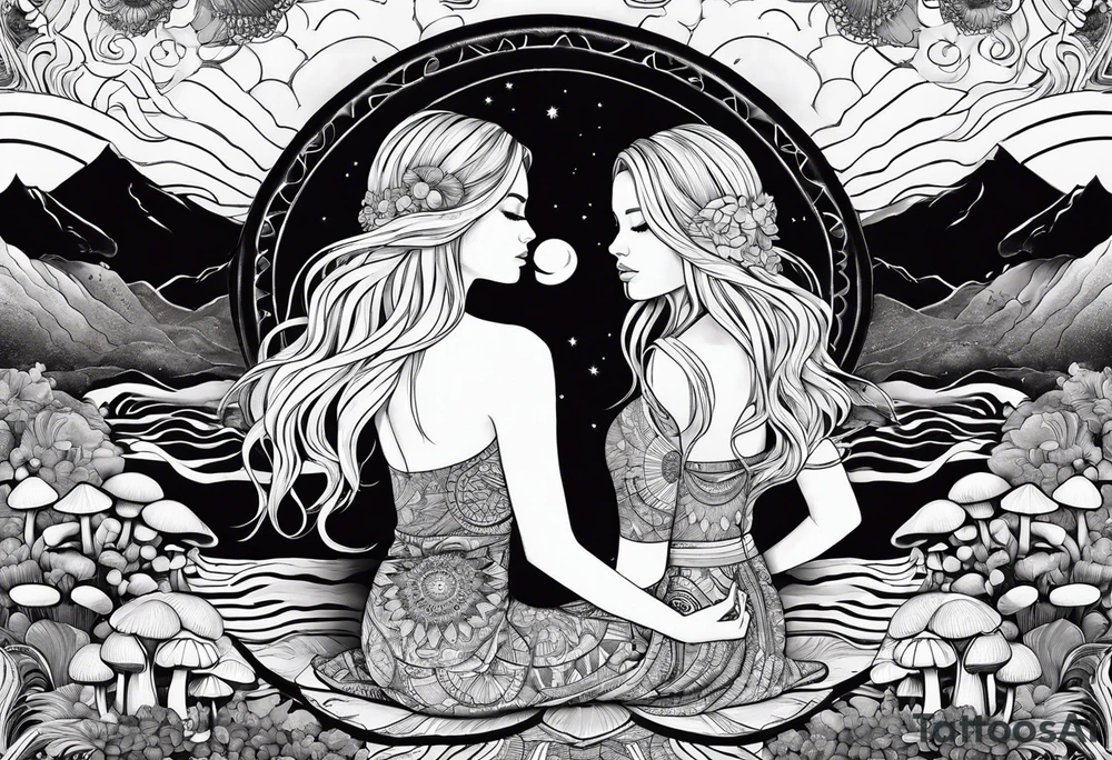 Straight blonde hair girl meditating facing away toward mountains surrounded by mushrooms crescent moon mandala circular design black and white striped dress tattoo idea