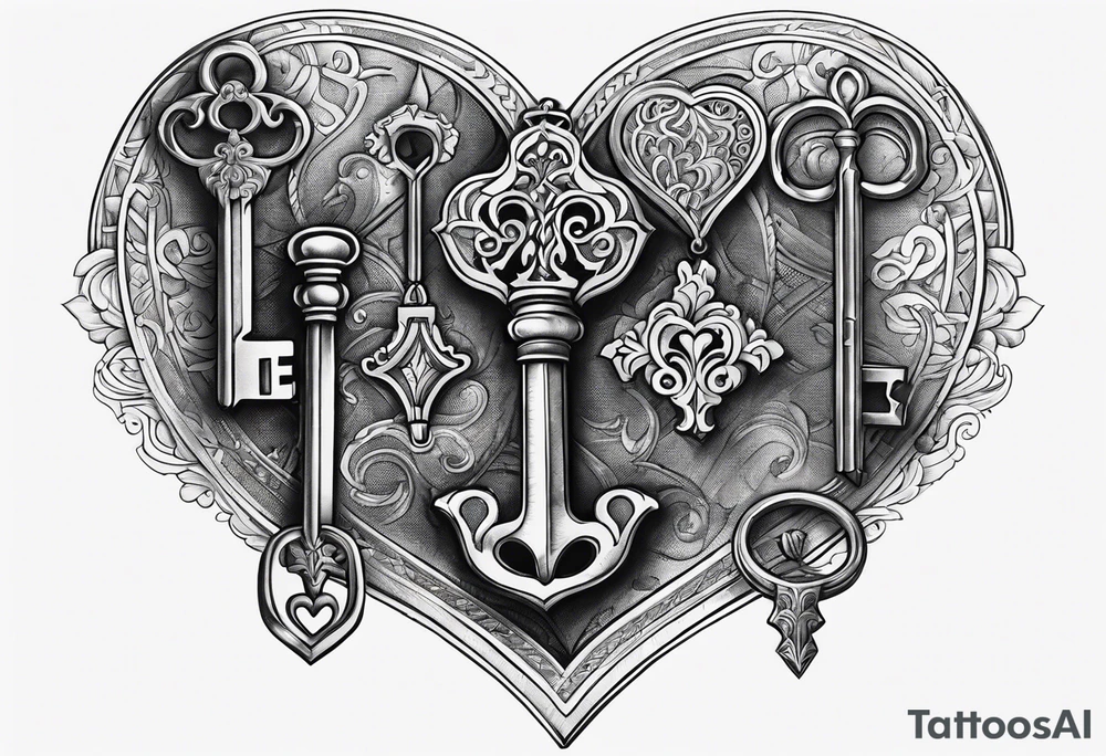 Antique keys heart shaped tattoo idea