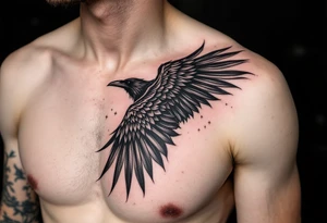 raven with wing extended onto chest tattoo idea