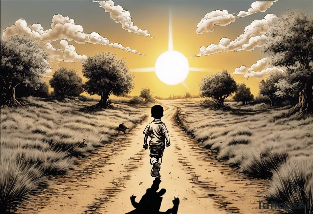 a male child running on a dirt road,
the child is running away towards a sun that is being hugged by a hammer,
on the left side of the dirt road pointing at the child ak47 and rpg
on the right side there are trees,
under the sun clouds form the date 07.10.2023 tattoo idea