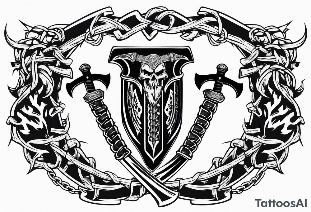 Valhalla sword shield axe barbed wire chains dark cloud tattoo idea