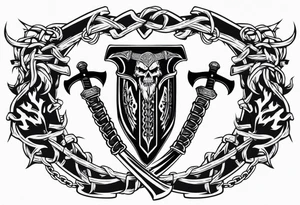 Valhalla sword shield axe barbed wire chains dark cloud tattoo idea