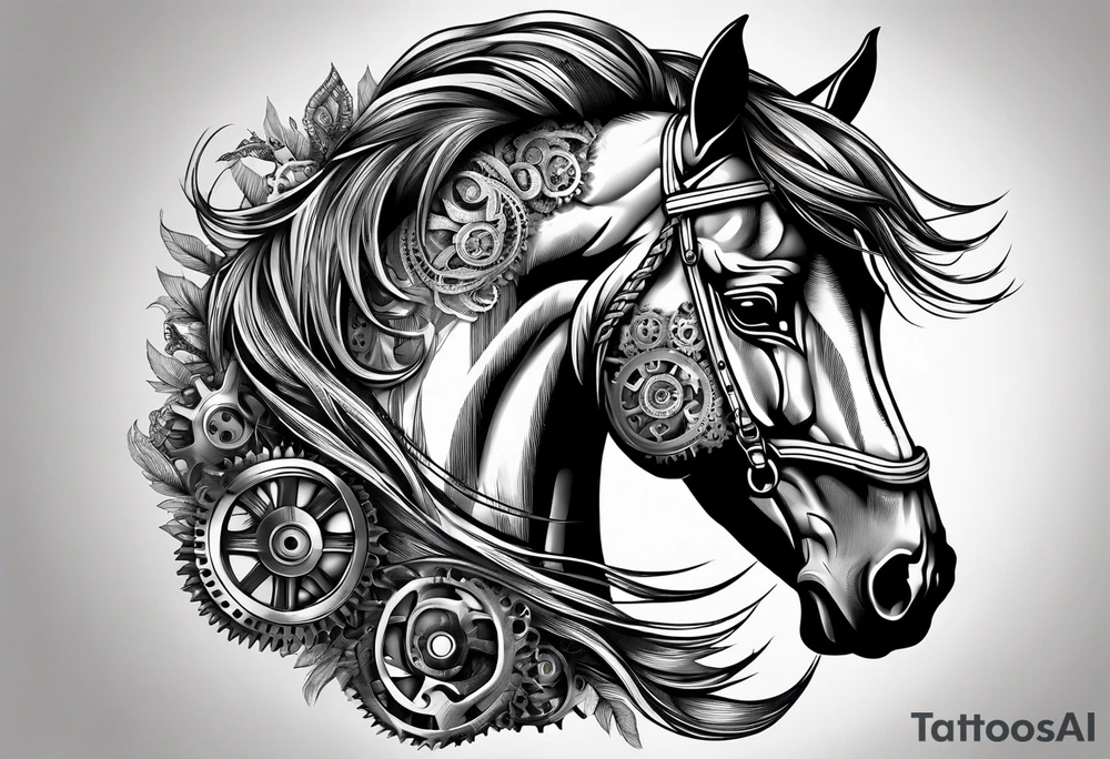 A horse head made fully out of gears and a mane made out of rope tattoo idea