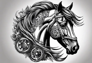 A horse head made fully out of gears and a mane made out of rope tattoo idea