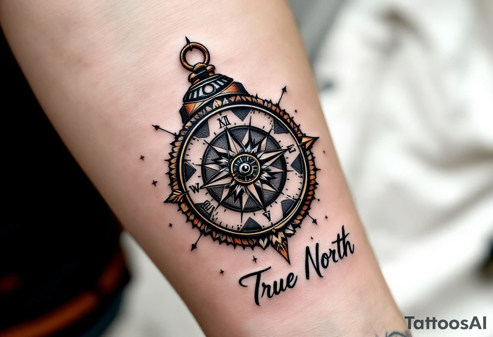 rustic compass/clock with a native american arrow going thru it and say "True North" tattoo idea