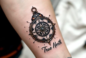rustic compass/clock with a native american arrow going thru it and say "True North" tattoo idea