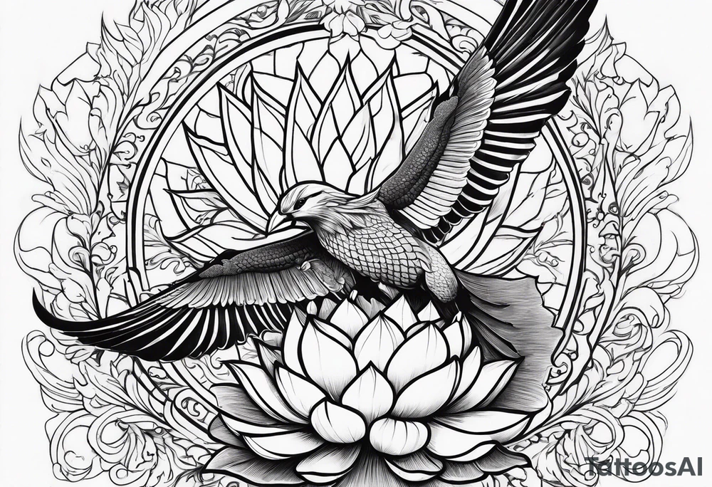 full sleeve representing determination, resilience & strength includes lotus & flying phoenix. tattoo idea