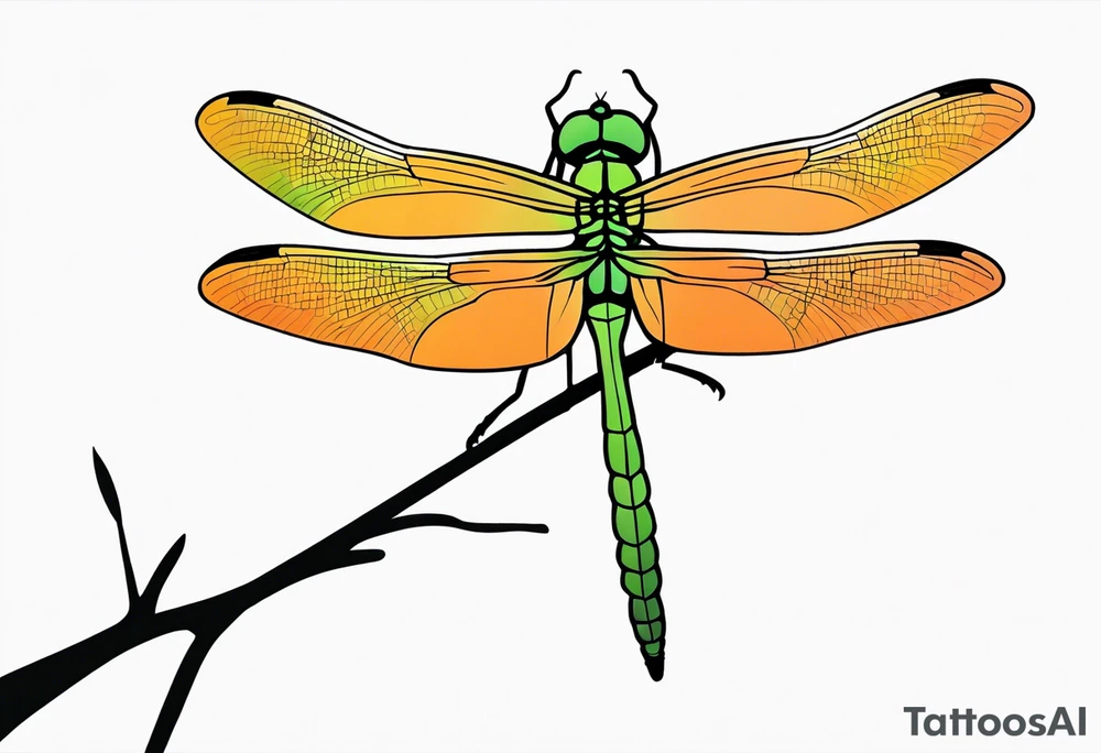 green and orange dragonfly on a twig tattoo idea
