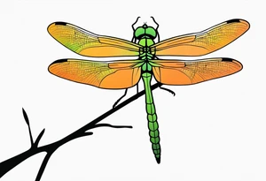 green and orange dragonfly on a twig tattoo idea
