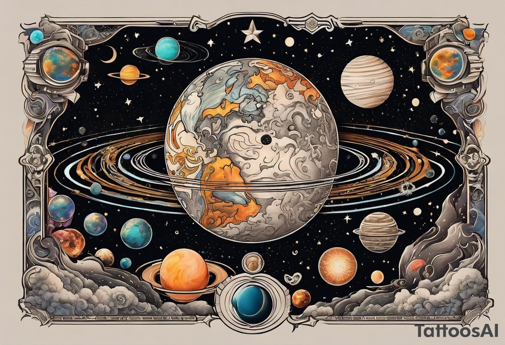 A tattoo featuring a cosmic scene with planets, black holes, and supernovae intertwined with intricate linguistic symbols, reflecting the client's interests in cosmology and linguistics. tattoo idea