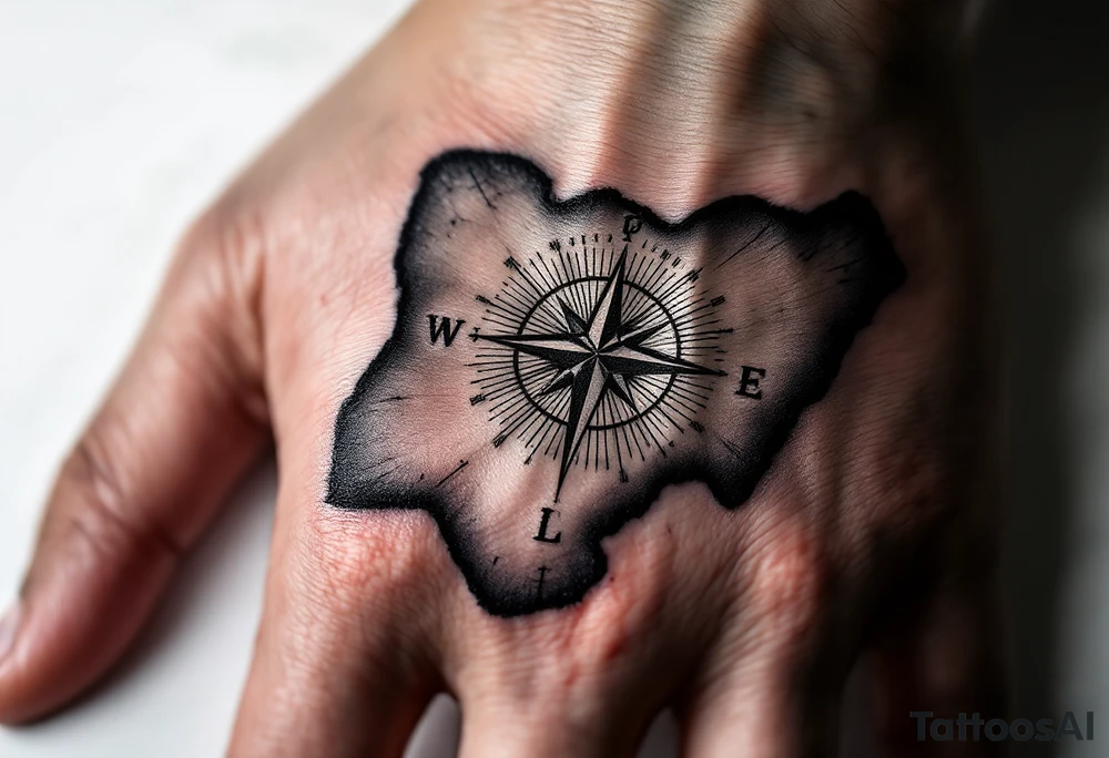 Compass on the back of the palm in the shape of Nigeria with longitude written on the top and latitude written on the bottom. tattoo idea