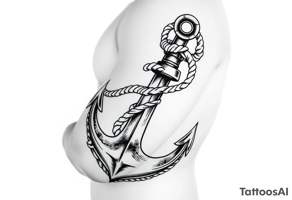 weathered anchor wrapped in nautical rope with sea waves tattoo idea