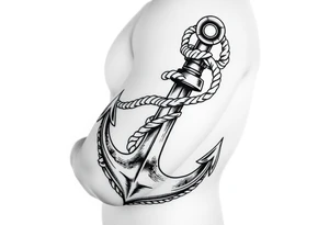 weathered anchor wrapped in nautical rope with sea waves tattoo idea
