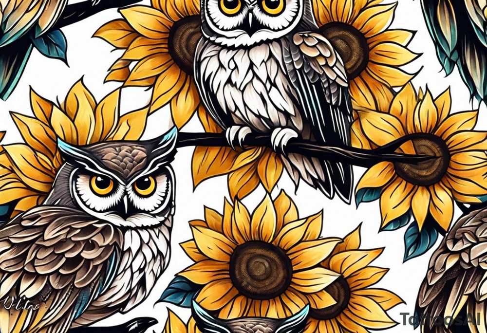 Owl with sunflowers leg sleeve tattoo idea