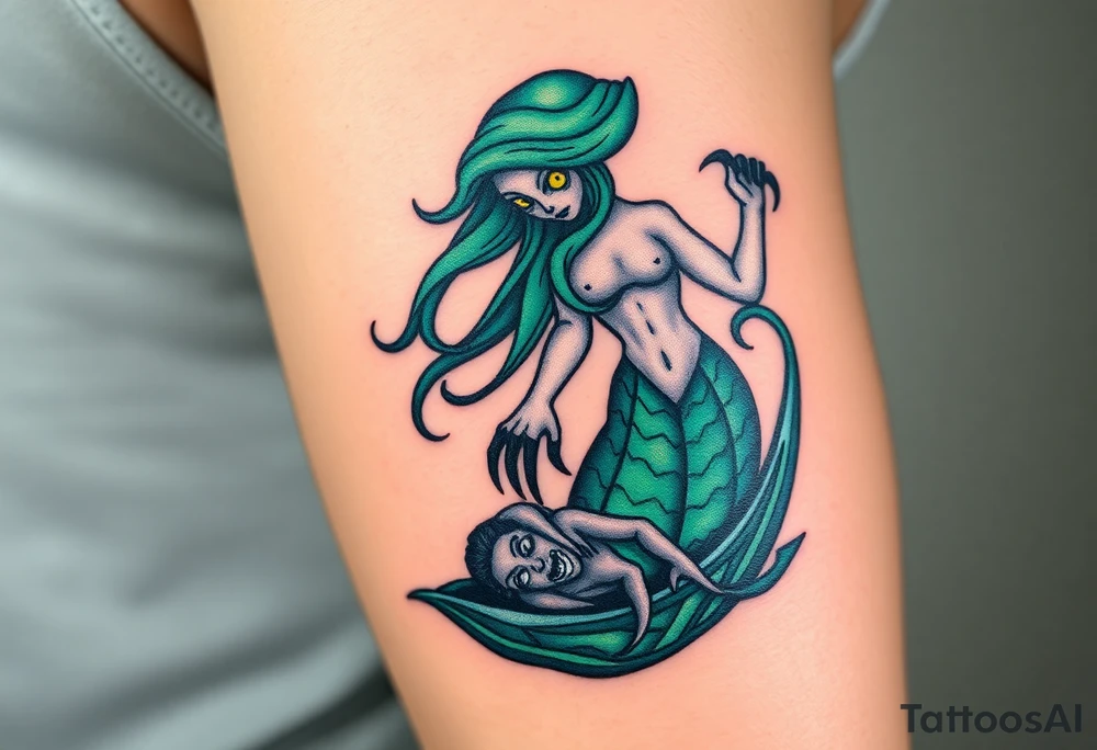 Siren’s Doom – A beautiful yet sinister mermaid with long, flowing sea-green hair, sharp black claws, and piercing glowing yellow eyes. Her serpentine tail wraps around a drowning pirate, pulling him into the abyss. tattoo idea