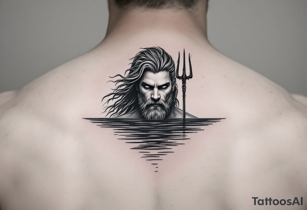poseidon with trident half way in calm water tattoo idea