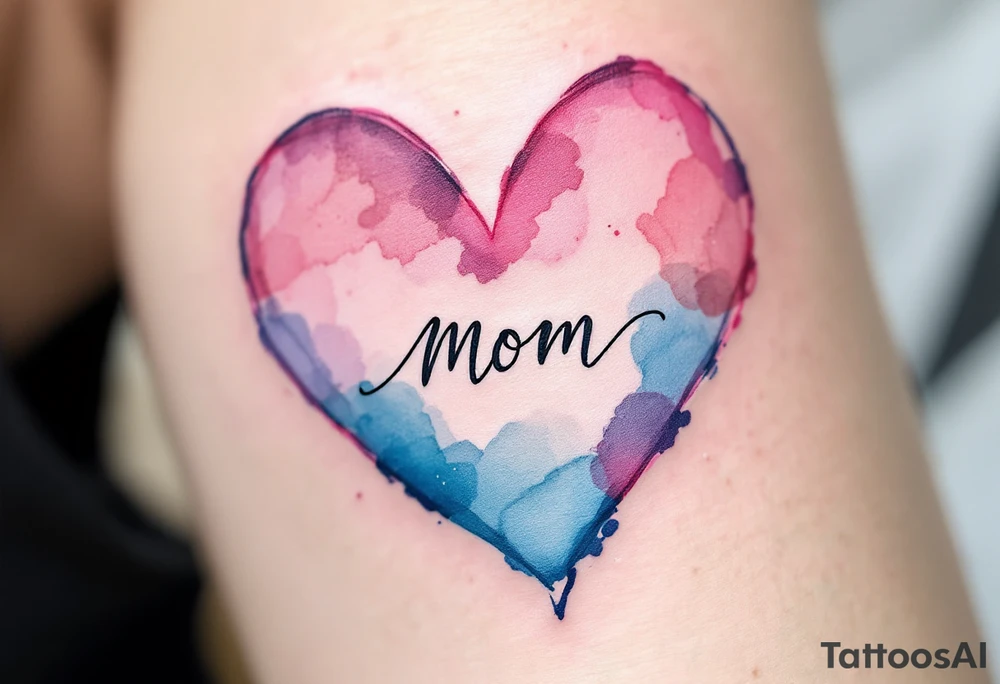 A watercolor heart in pink and blue with the word “Mom” scripted across it in elegant cursive. tattoo idea