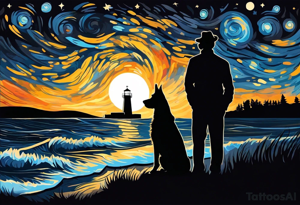 A silhouette of a german shephard, and a human male, looking up at a night sky in the style of Van Gogh Starry Night with a lighthouse in the background. Make the image twice as tall as it is wide. tattoo idea