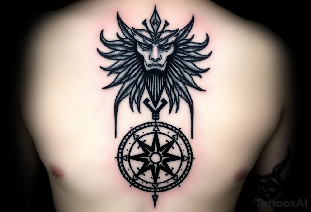 This tattoo is an ancient mark of power, as if carved not with ink, but with blood and time. Its vertical composition resembles a ritual totem that connects the three levels of existence: spirit, body, and path.

At the center lies a sacred runic symbol — a seal of inner strength and protection. It serves as a key to hidden knowledge and a talisman for one who walks their own path without looking back.
The broken lines and scarred ink appear as if the symbol was drawn in a trance, during an ancient ritual.

The upper part resembles the face of a forgotten god or a guardian spirit watching from above. The lower part is a runic compass of fate, guiding through chaos, darkness, and trials.
Every stroke is a spell. Every symbol is an oath.

This tattoo is not for everyone.
It is for those who embrace the shadow, are unafraid of the darkness, and know that true power is born within. tattoo idea