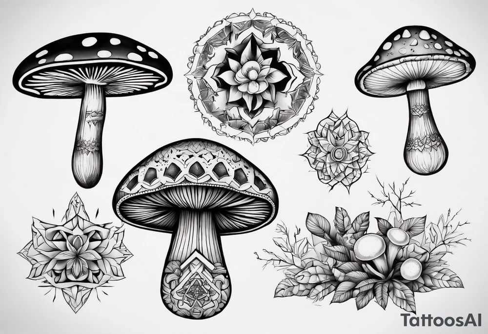 mushrooms, book, mandala tattoo idea