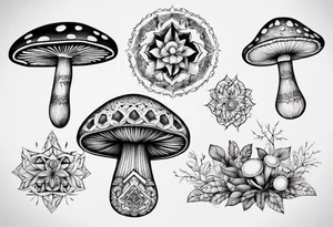 mushrooms, book, mandala tattoo idea