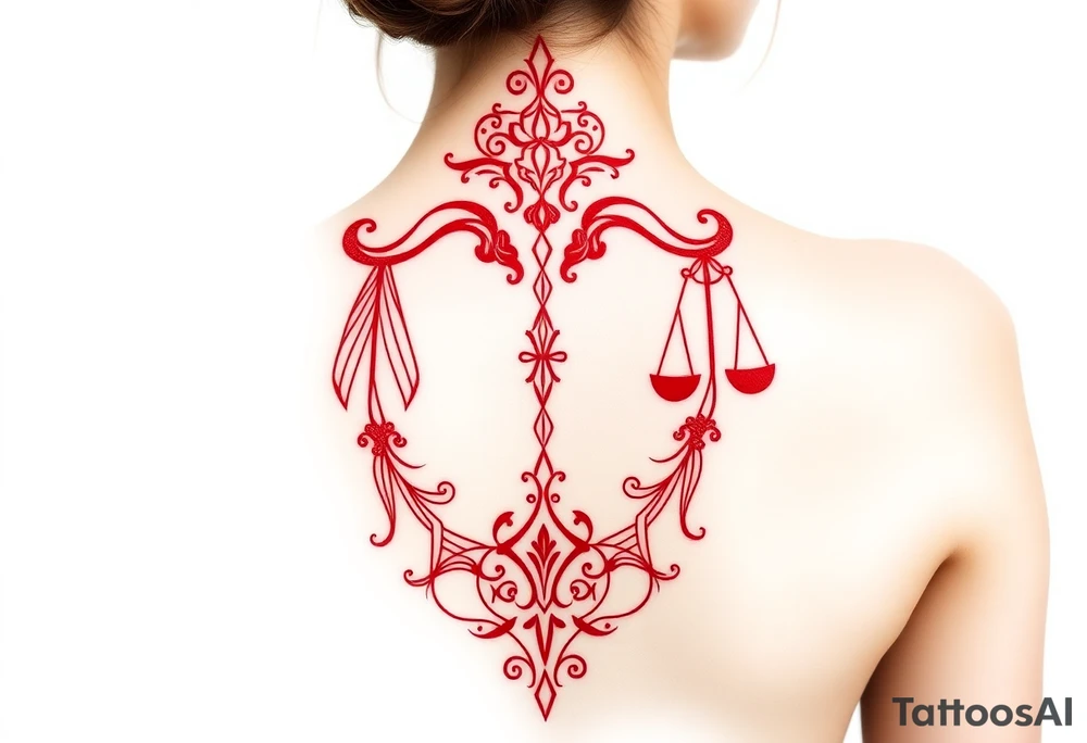 Tattoo that combines the star sign Taurus and Libra ,in red , down the spine tattoo idea