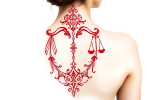 Tattoo that combines the star sign Taurus and Libra ,in red , down the spine tattoo idea