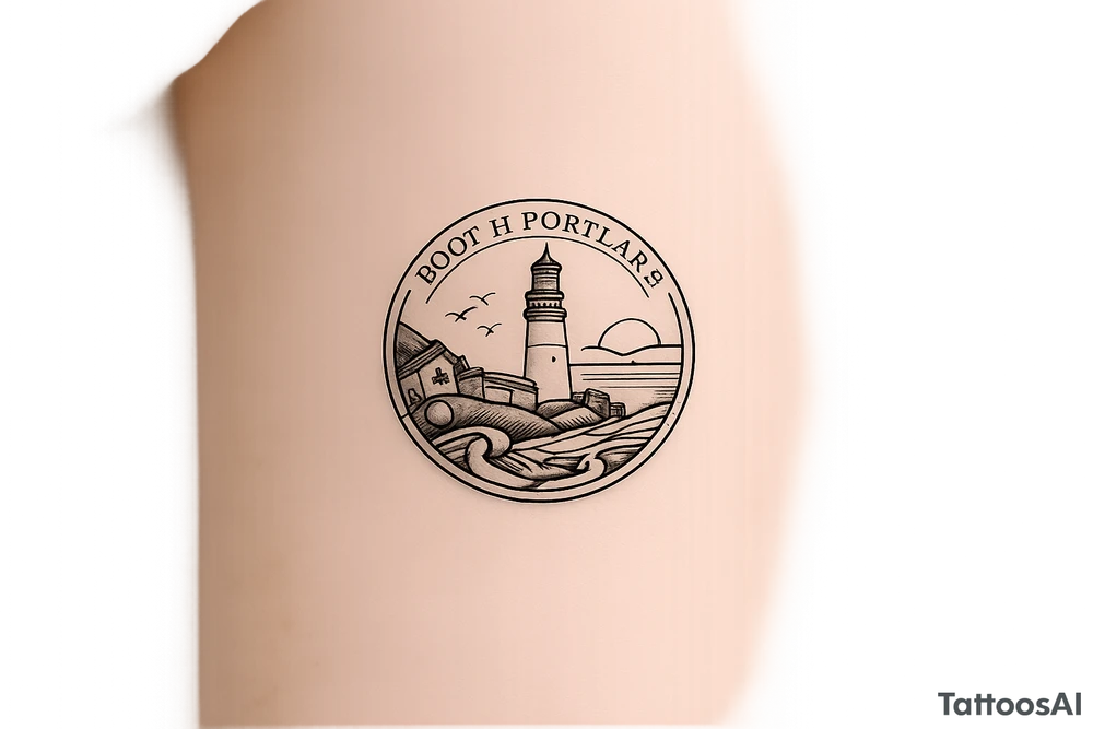 South Portland maine city circular symbol with lighthouse on it tattoo idea