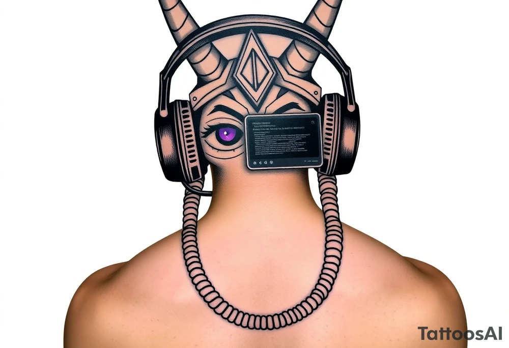 "Anubis with streamer headset, broadcasting to:  
- Left eye: Twitch chat ('F in chat for humanity')  
- Right eye: Дзен-просветление (ASCII-арт мандалы)  
Title: *'Unboxing your afterlife (4K 60fps)'*.  

Style: Digital trash art. Purple/black. Thigh." tattoo idea