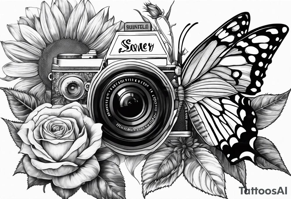Butterfly, sunflower, camera, book, flower rose tattoo idea