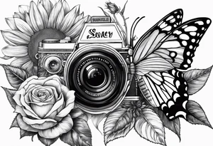 Butterfly, sunflower, camera, book,  flower rose tattoo idea