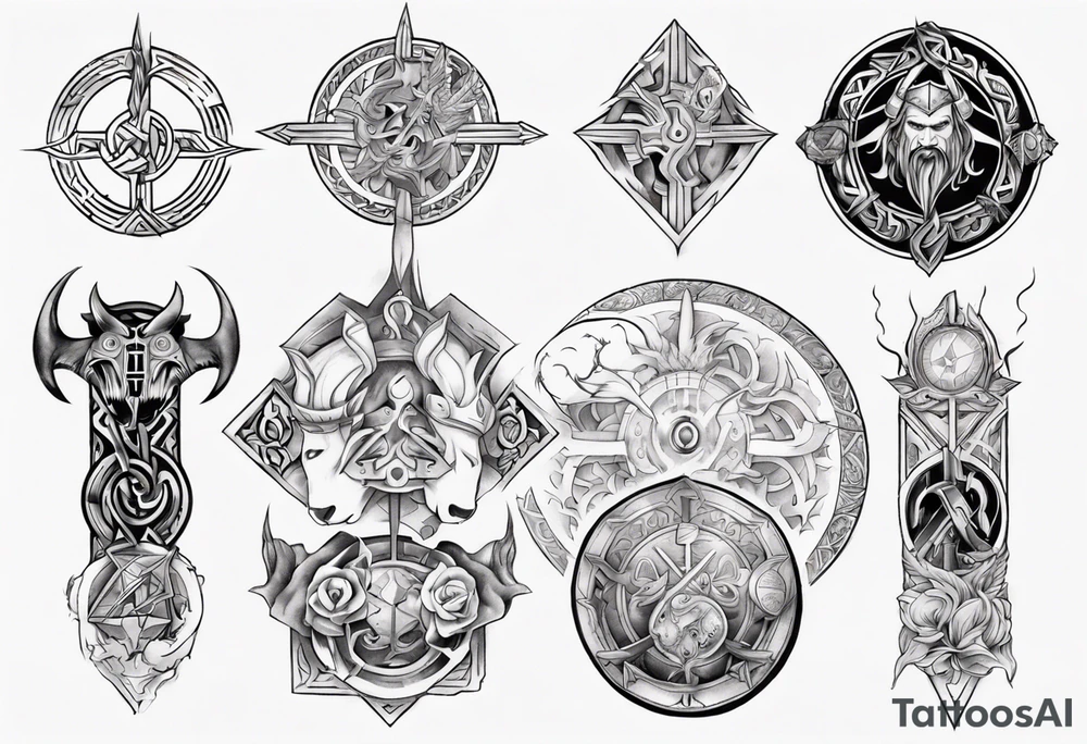 Upper arm sleeve of norse mythology symbols tattoo idea