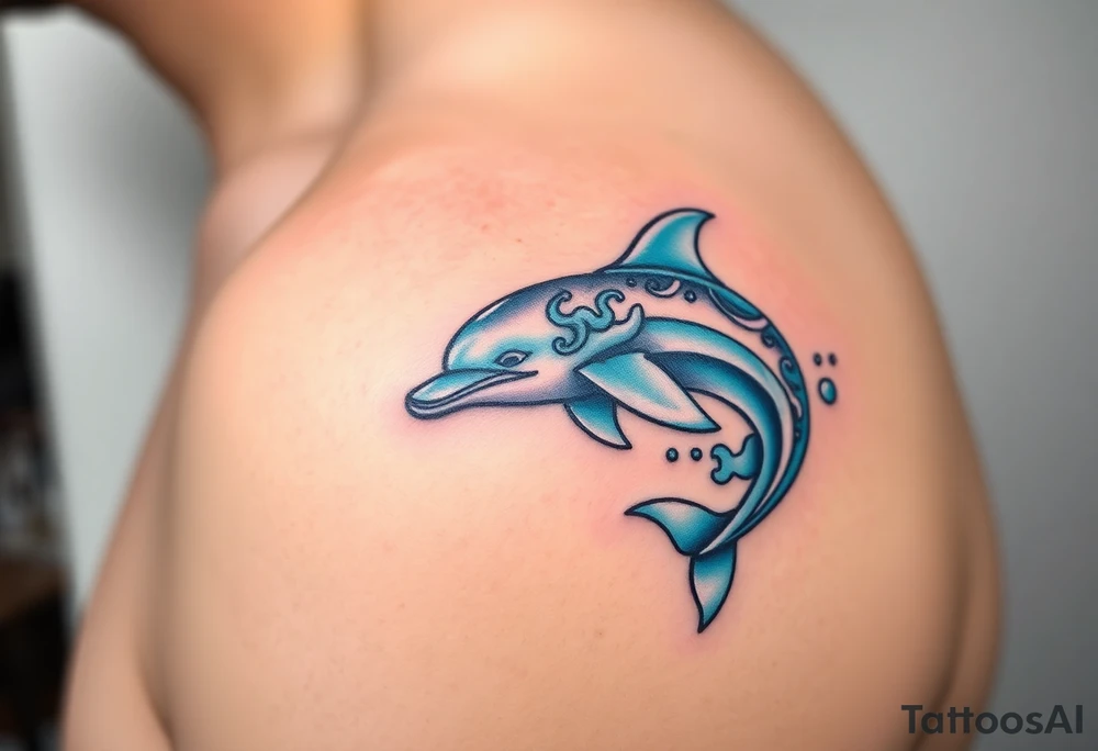 A majestic dolphin swimming through ocean waves, with intricate light-blue and turquoise details tattoo idea
