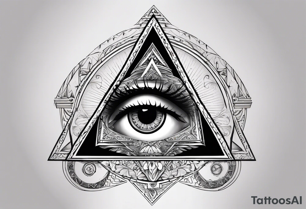 triangle tattoo with eye inside in arabic letters. Inside the iris create a broken clock. the pupil loophole. tattoo idea