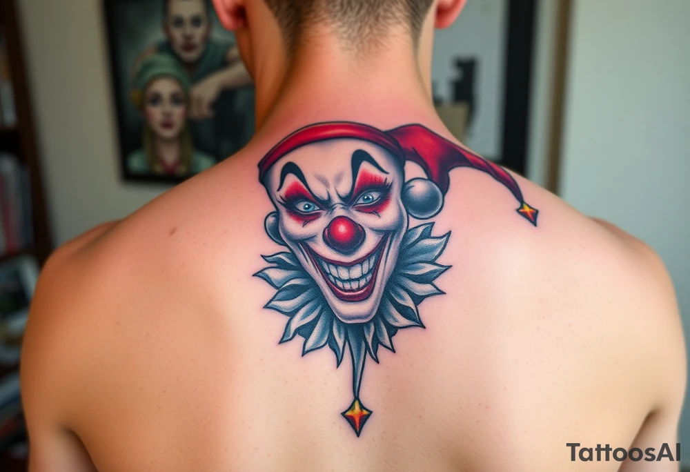 jester clown behind female jester making her smile tattoo idea